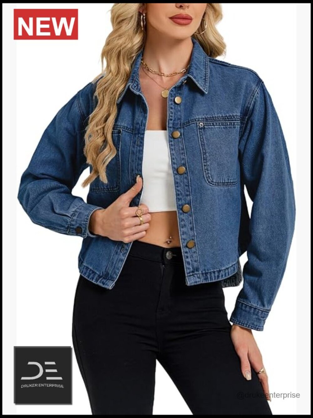 Cropped Denim Jacket Long Sleeve Button Down Shacket with Pockets